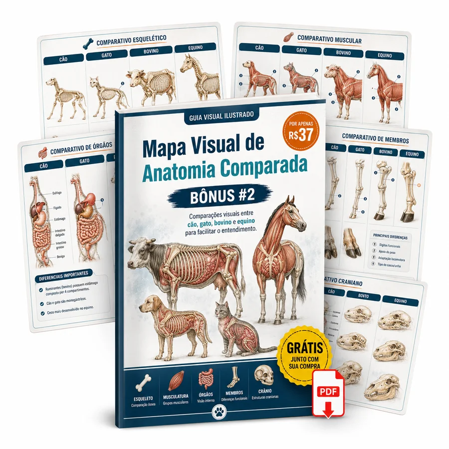 Mockup do Bônus 2 — Mapa Visual de Anatomia Comparada entre cão, gato, bovino e equino, com comparativo esquelético, muscular, de órgãos, membros e crânio