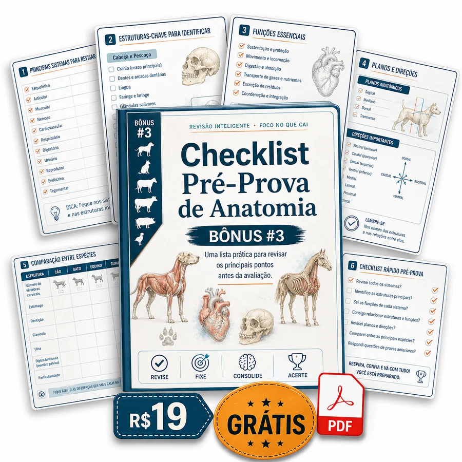 Mockup do Bônus 3 — Checklist Pré-Prova de Anatomia com principais sistemas, estruturas-chave, funções essenciais, planos e direções, comparação entre espécies e checklist rápido pré-prova