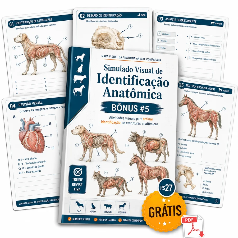 Mockup do Bônus 5 — Simulado Visual de Identificação Anatômica com identificação de estruturas, desafio de identificação, associação correta, revisão visual e múltipla escolha visual