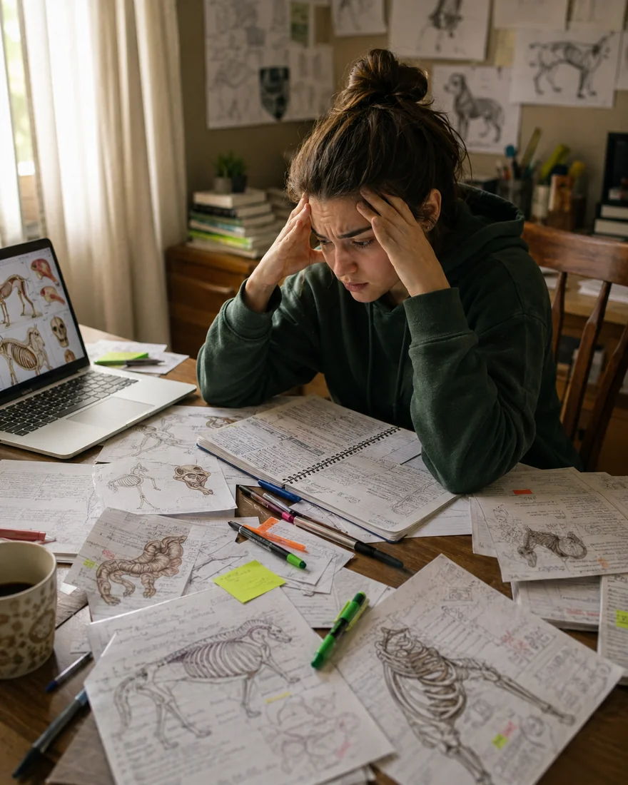 Estudante de veterinária estressada e cercada de resumos manuais bagunçados de anatomia