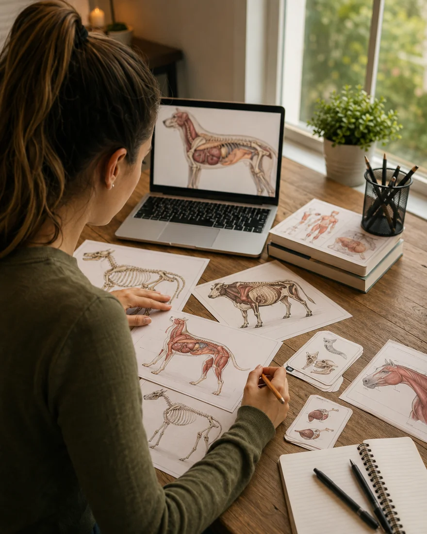 Estudante de veterinária organizada revisando anatomia com material visual ilustrado