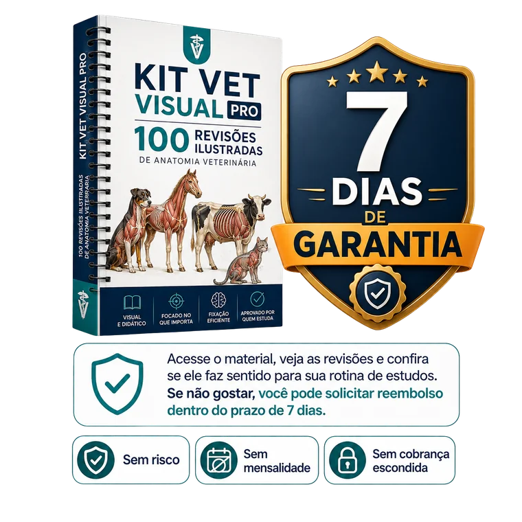 Kit Vet Visual Pro com selo de 7 dias de garantia — acesse o material, veja as revisões e confira se ele faz sentido para sua rotina de estudos; se não gostar, solicite reembolso dentro do prazo de 7 dias; sem risco, sem mensalidade, sem cobrança escondida